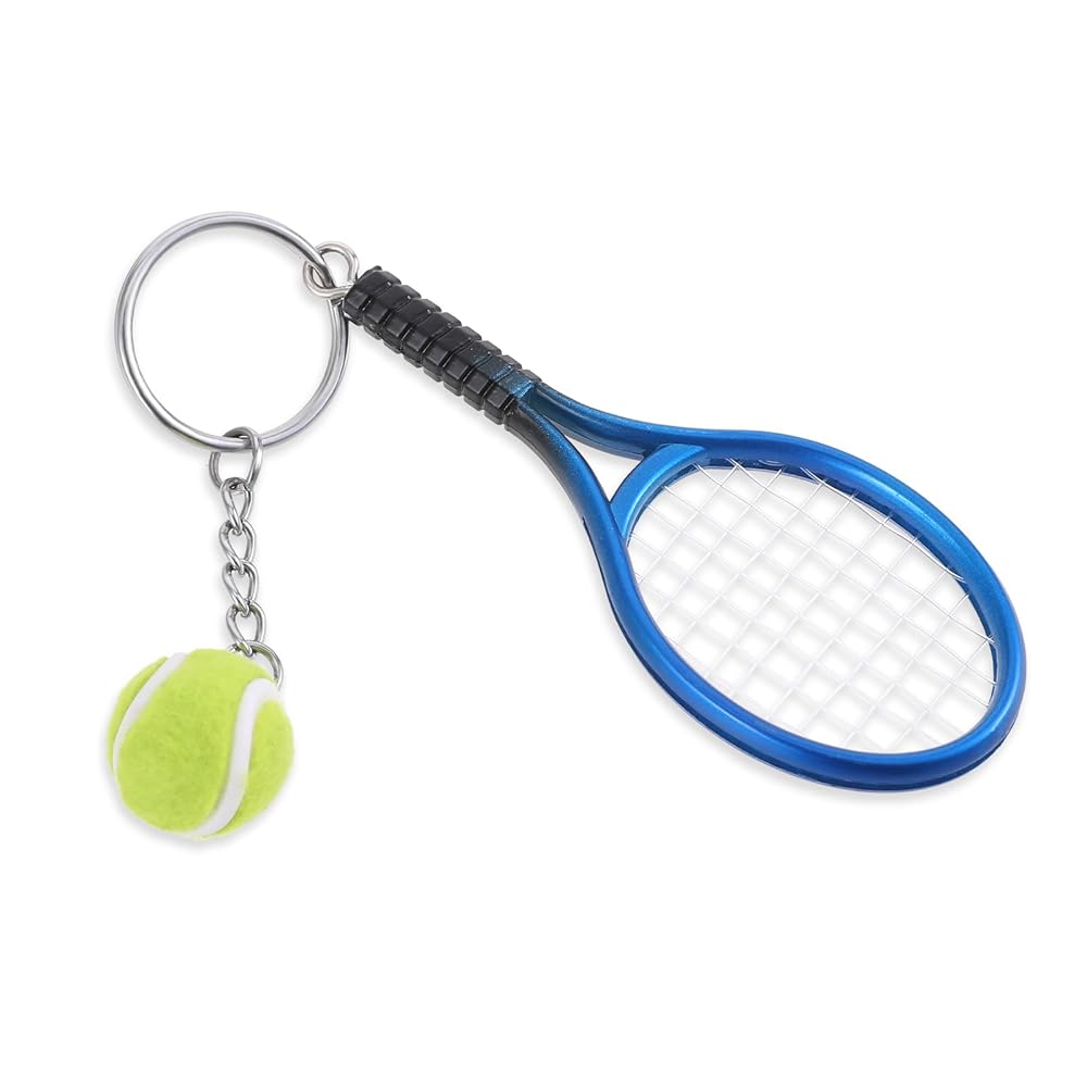 A tennis racket and ball keychain on white background.